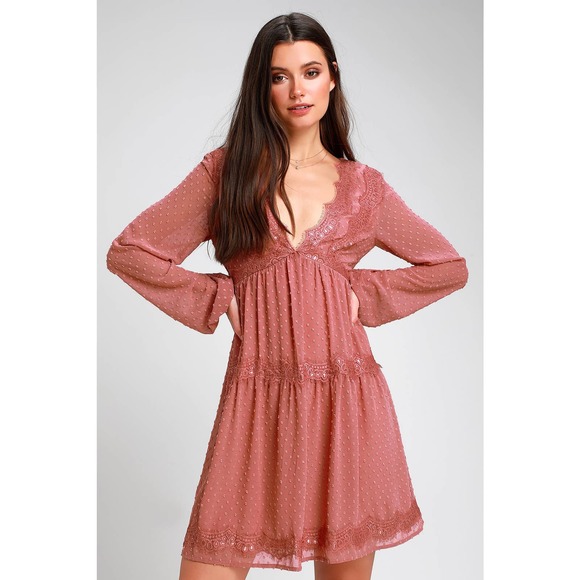 Lulus Dresses & Skirts - Lulus Wistful Moment Small Dress Swiss Dot Lace Long Sleeve V Neck Pink Rose